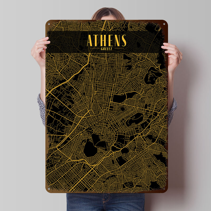 Custom Map Poster - Athens Golden Map Tinplate Poster Custom
