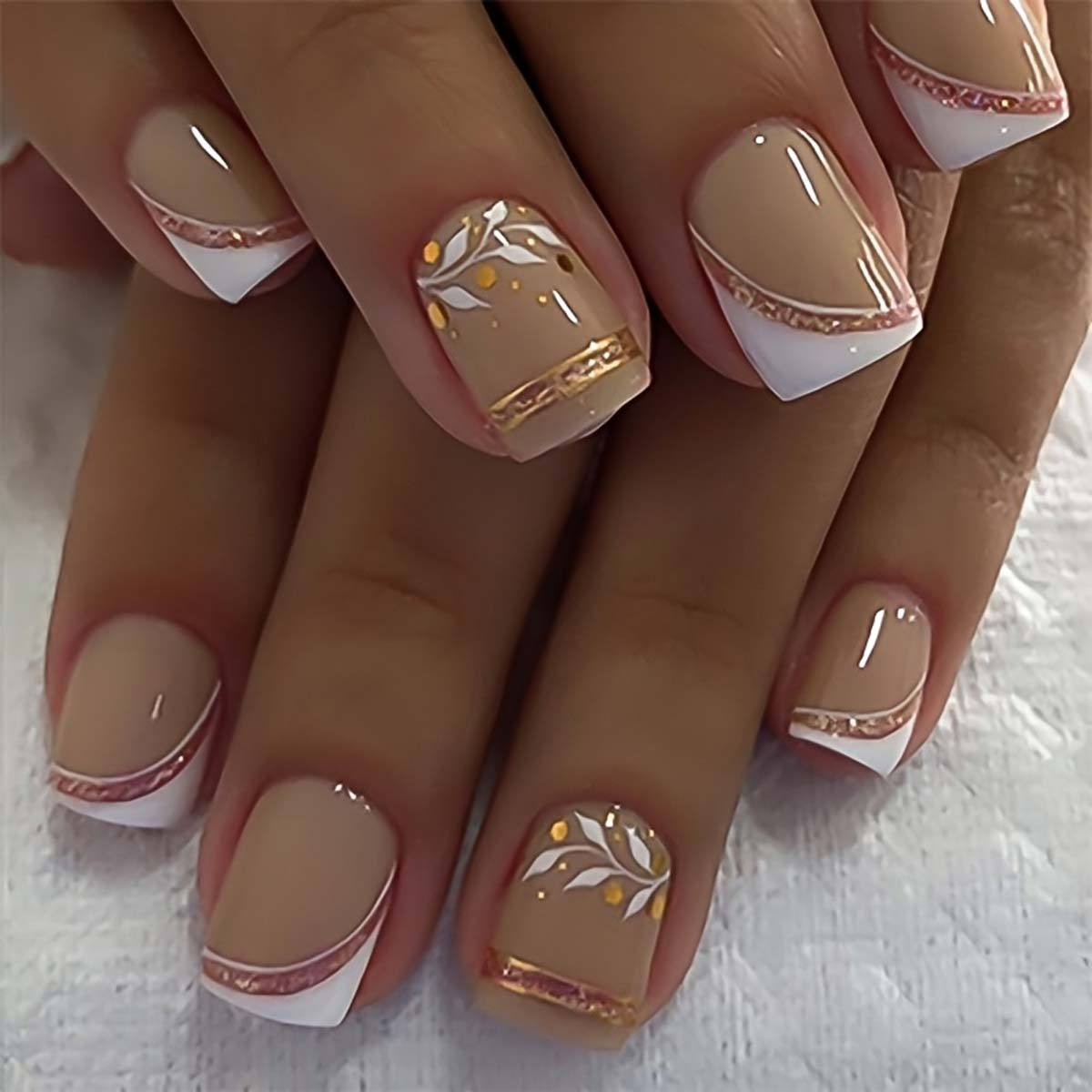 Short Square fake nails golden - Pressed Flower Art 리뷰 및 가격